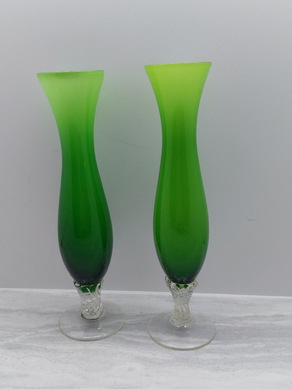 2 Vintage Green Glass Footed Bud 8" Vase
